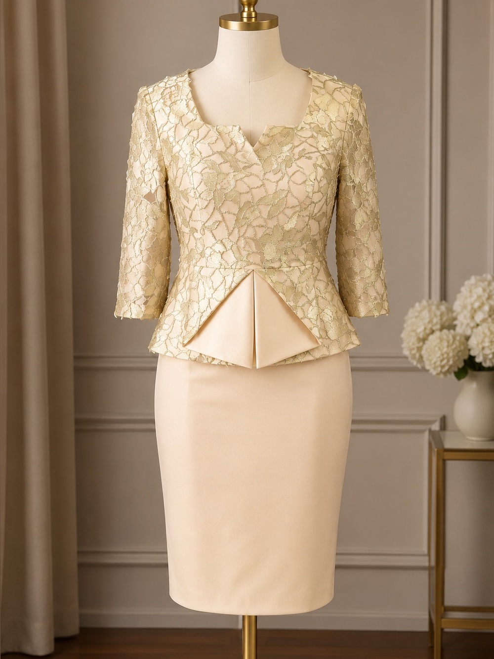 Elegant Cream Lace Peplum Dress